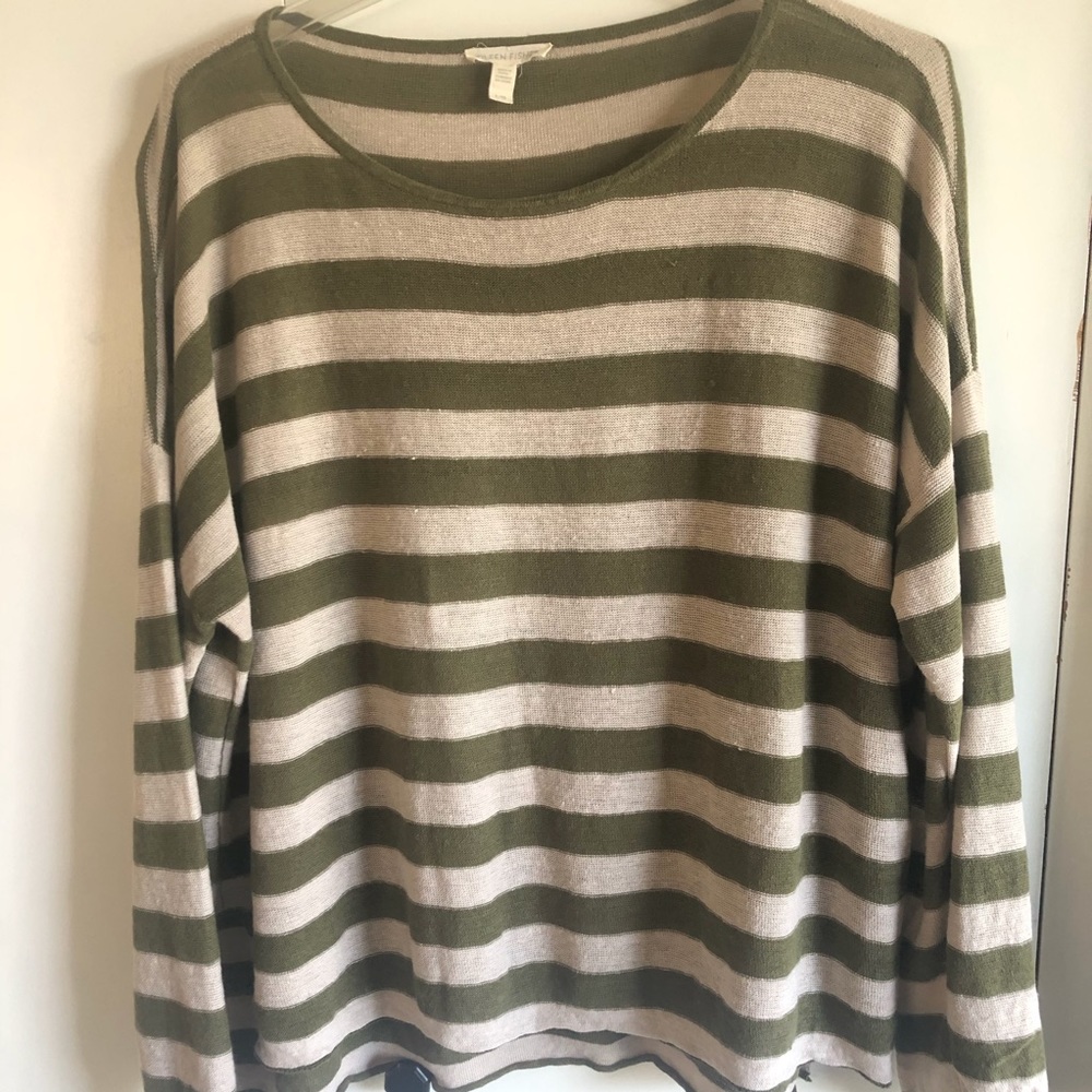 Eileen Fisher Olive Green and Cream Organic Linen Striped Lightweight Sweater